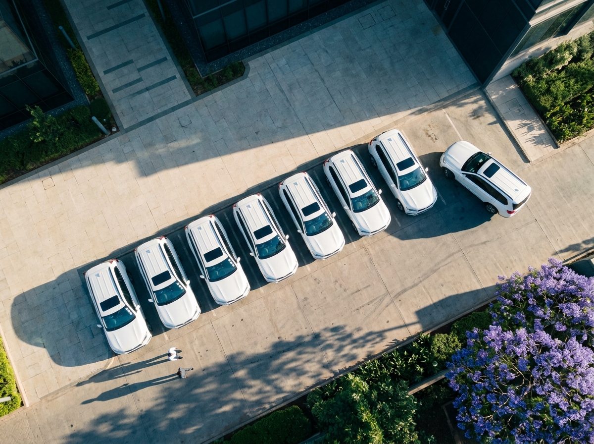 A row of white SUVs parked outside an office, seen from above