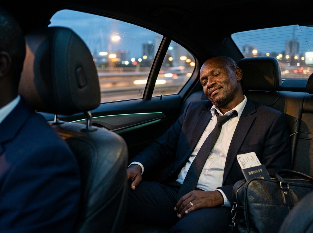 A passenger resting in the back seat of a car at dusk, the city lights outside