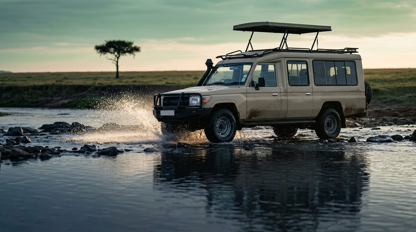 A safari Land Cruiser splashing through a shallow river crossing