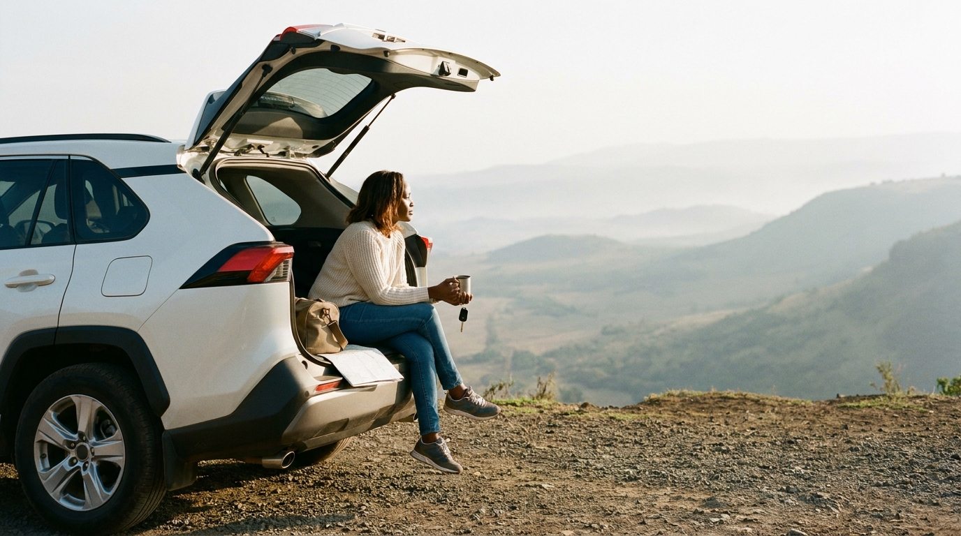 A woman sits on the open tailgate of a white SUV above the Rift Valley, a coffee in her hands